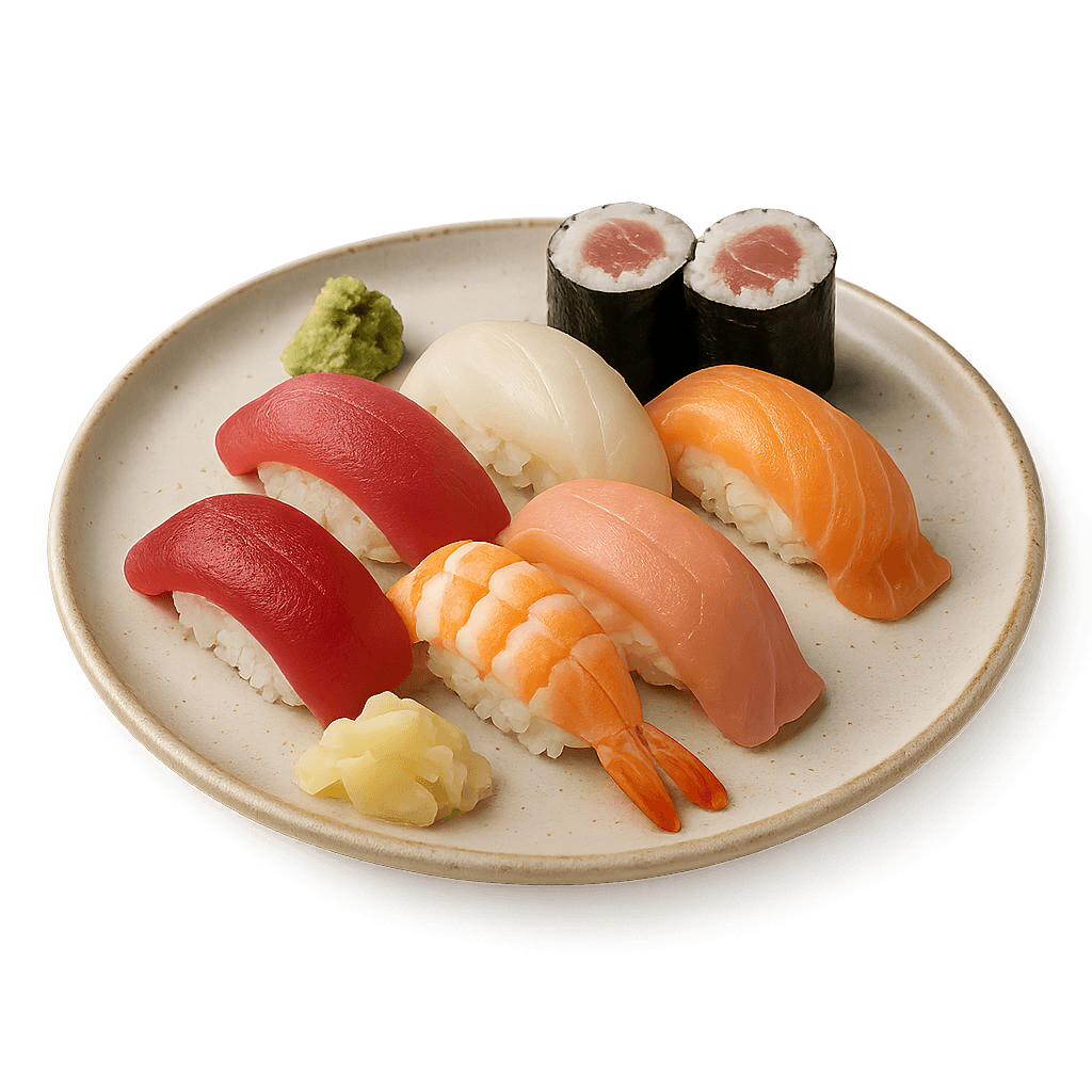 Plate of assorted sushi.